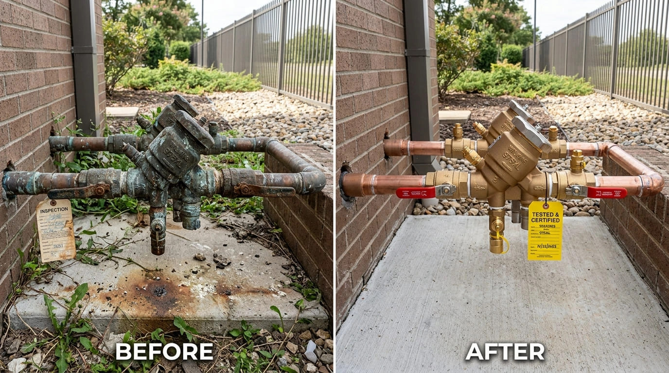 Backflow Testing Repair and Replacement Before and After Results Mall Valley Plumbing Moreno Valley, CA