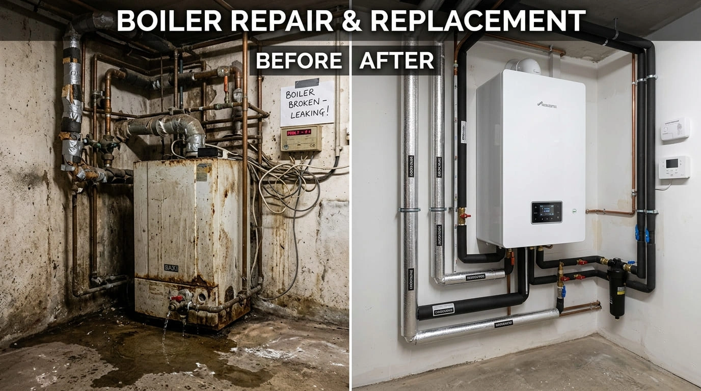 Boiler Repair and Replacement Before and After Results Mall Valley Plumbing Moreno Valley, CA