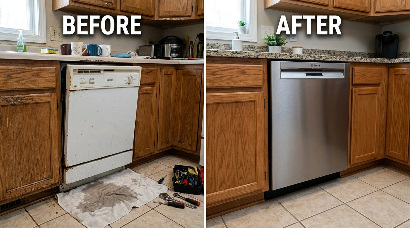 Dishwasher Repair and Replacement Before and After Results Mall Valley Plumbing Moreno Valley, CA