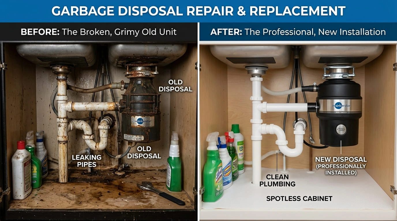 Garbage Disposal Repair and Replacement Before and After Results Mall Valley Plumbing Moreno Valley, CA