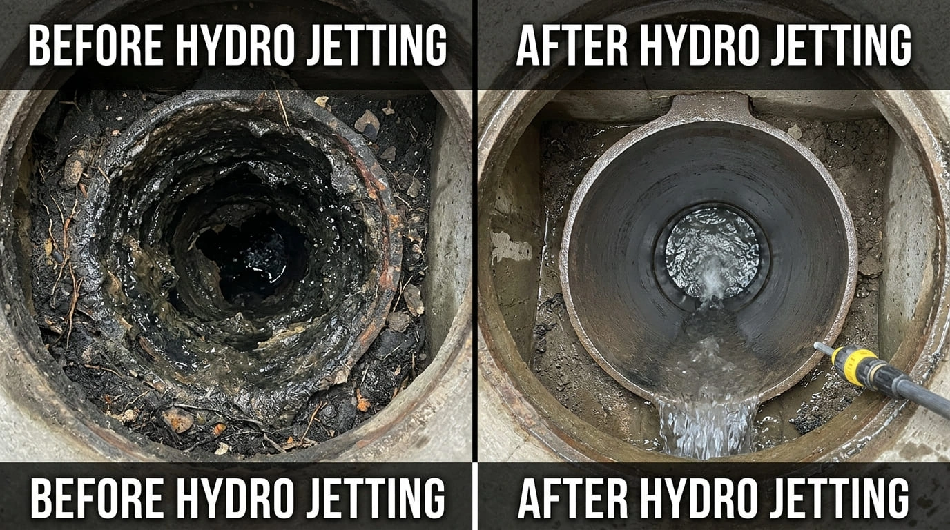 Hydro jetting main line before and after sewer camera footage Moreno Valley CA
