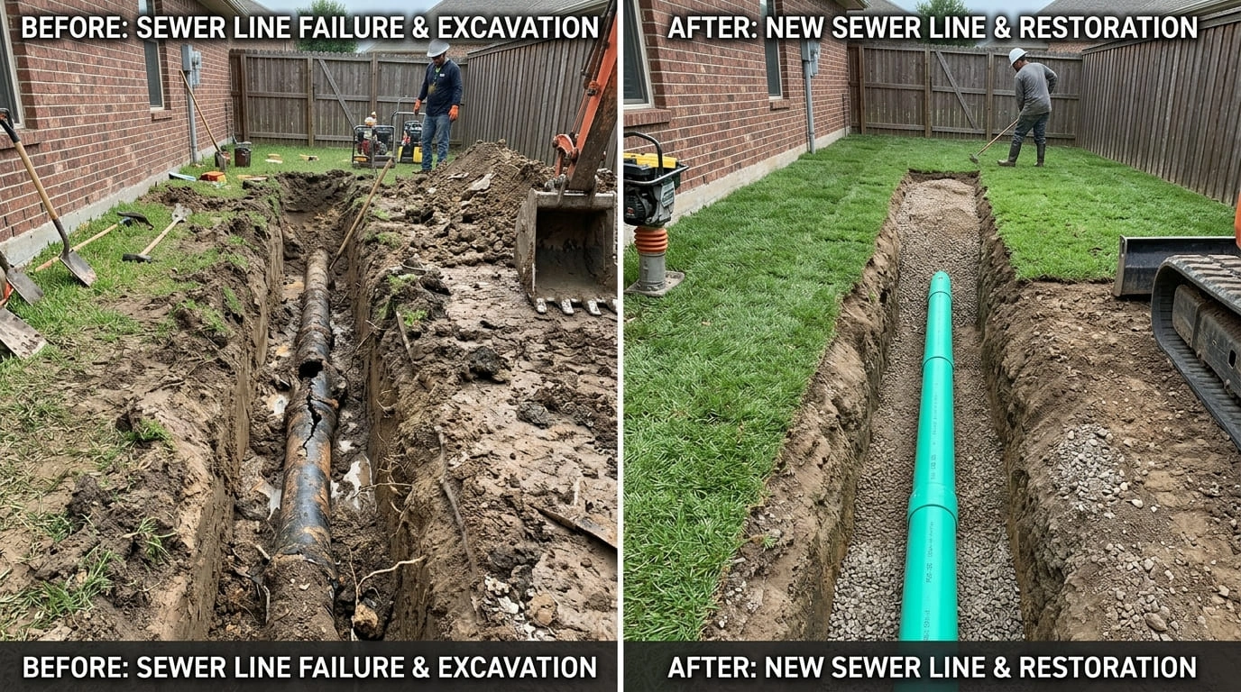 Sewer Line Repair and Replacement Before and After Results Mall Valley Plumbing Moreno Valley, CA