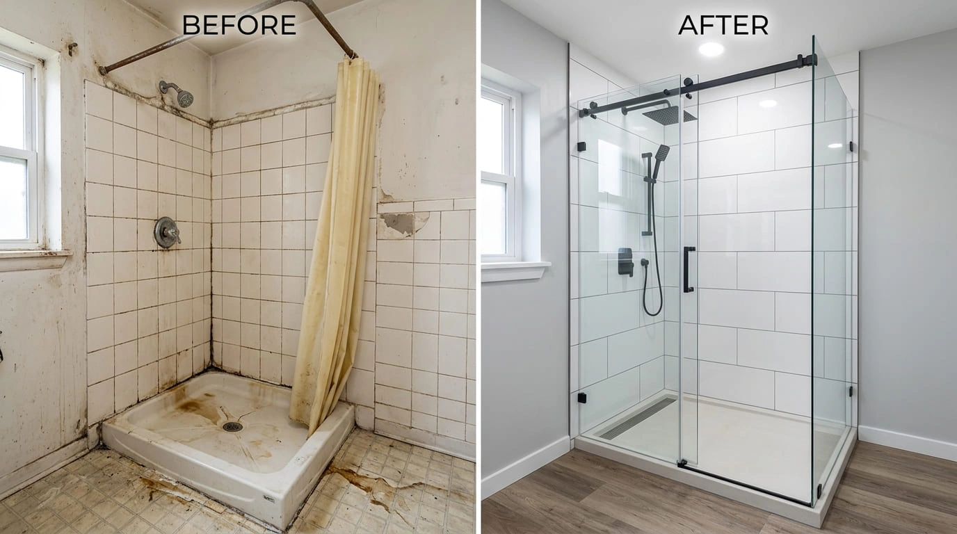 Shower Repair and Replacement Before and After Results Mall Valley Plumbing Moreno Valley, CA