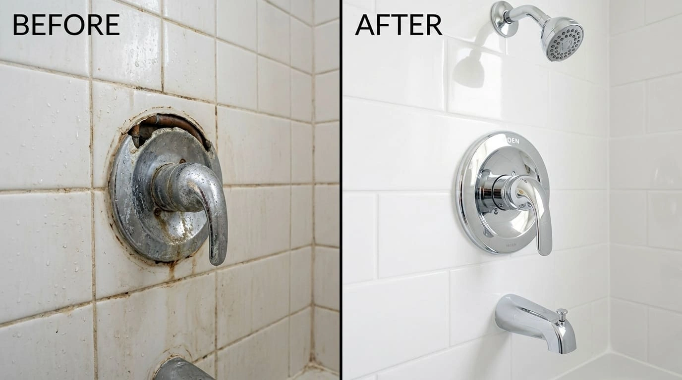 Shower Valve Repair and Replacement Before and After Results Mall Valley Plumbing Moreno Valley, CA