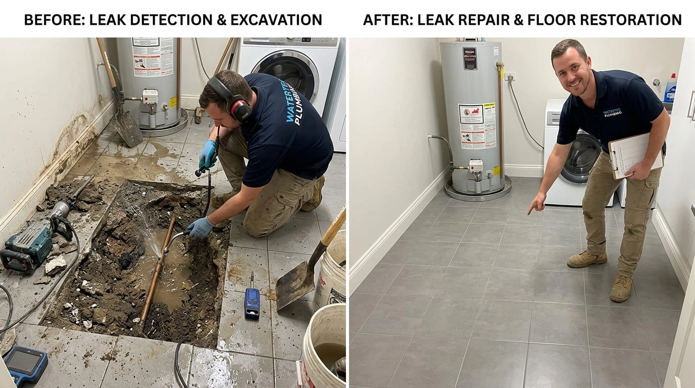 Slab leak repair before and after rerouted through attic Moreno Valley CA