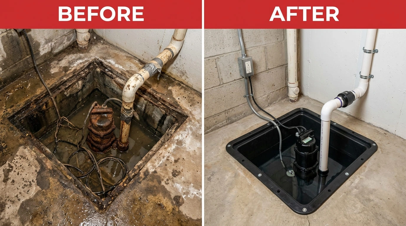 Sump Pump Repair and Replacement Before and After Results Mall Valley Plumbing Moreno Valley, CA