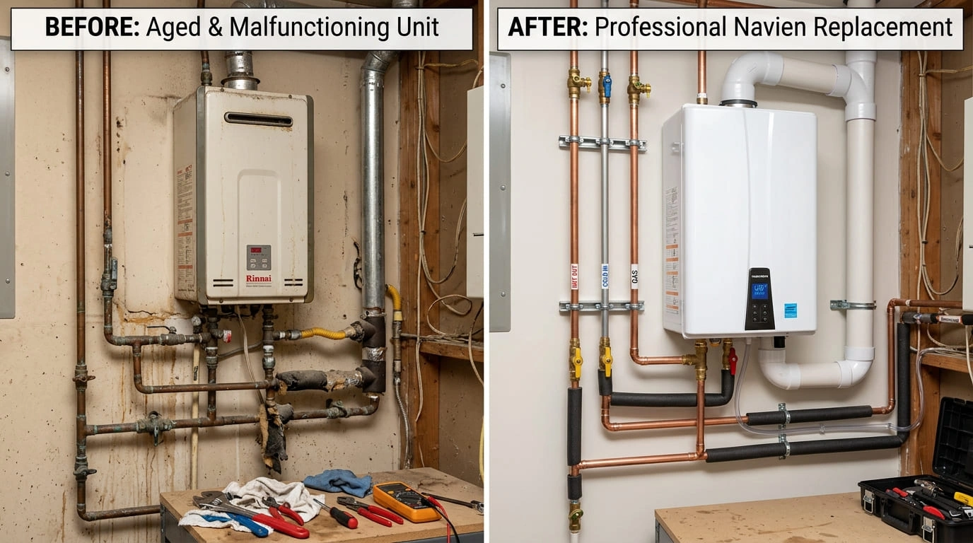Tankless Water Heater Repair and Replacement Before and After Results Mall Valley Plumbing Moreno Valley, CA