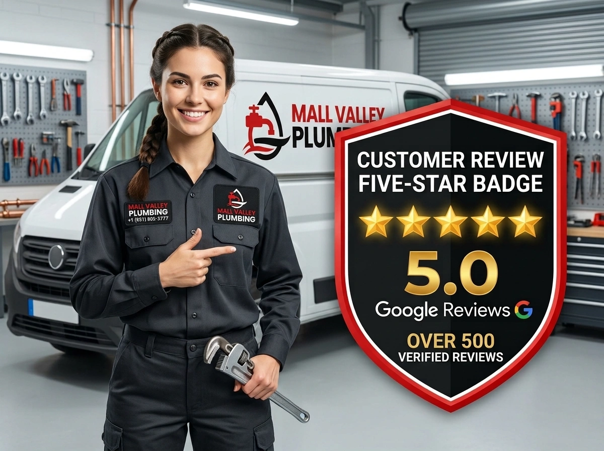 Top rated plumber 5.0 Google review badge Mall Valley Plumbing Moreno Valley CA