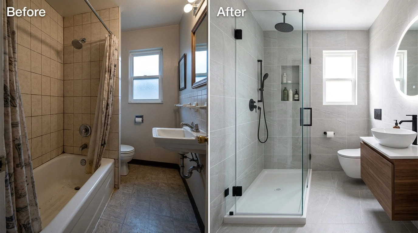 Tub-to-Shower Conversion Before and After Results Mall Valley Plumbing Moreno Valley, CA