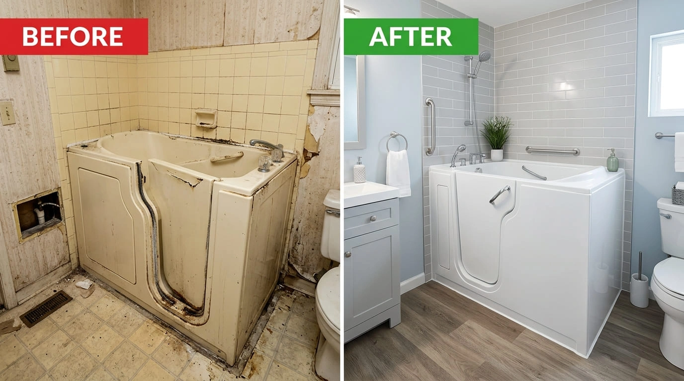 Walk-In Tub Repair and Replacement Before and After Results Mall Valley Plumbing Moreno Valley, CA
