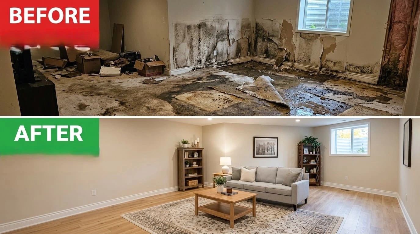 Water Damage Restoration Before and After Results Mall Valley Plumbing Moreno Valley, CA