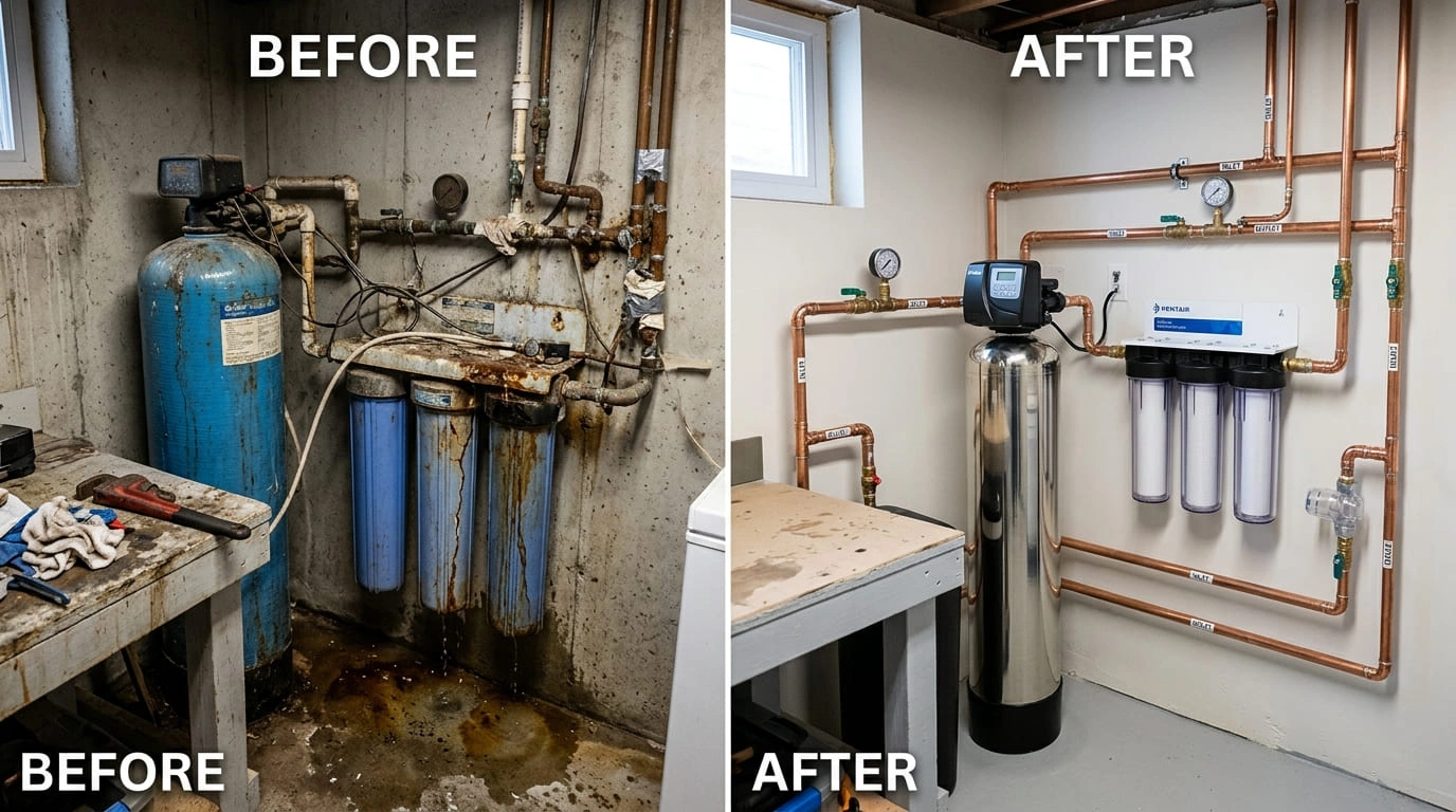 Water Filtration Repair and Replacement Before and After Results Mall Valley Plumbing Moreno Valley, CA